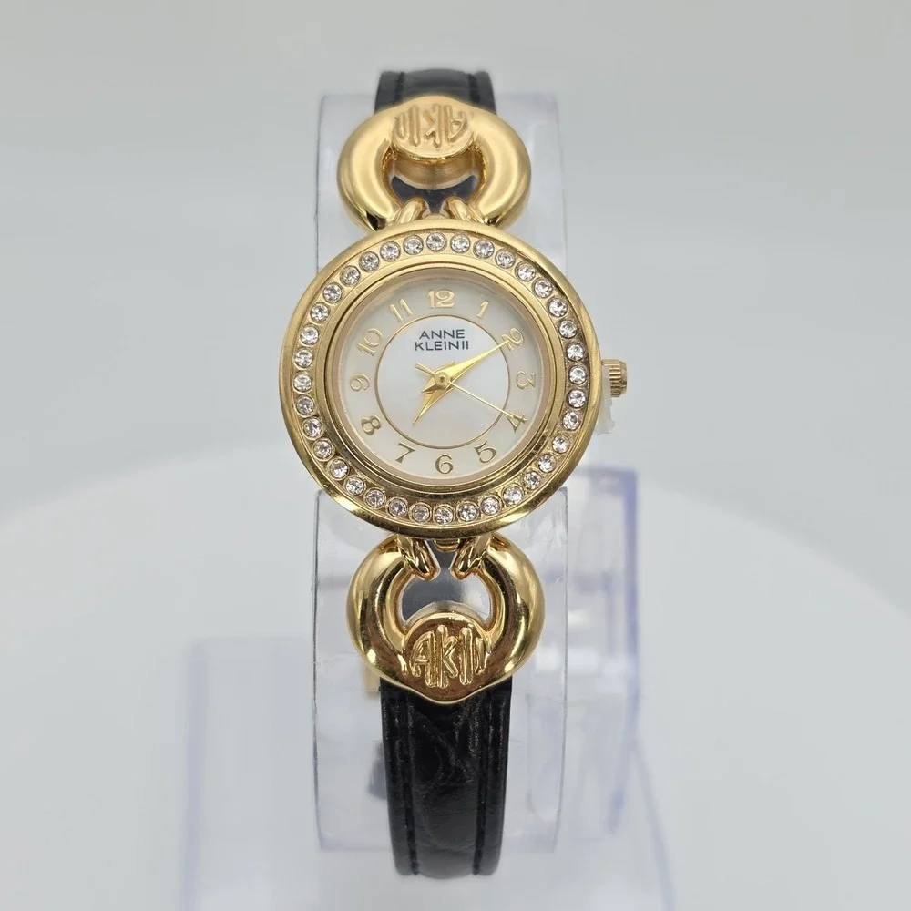 Vtg ANNE KLEIN II Ladie's Watch Women's Crystal Studded Gold Plate Leather 7.25